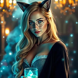 A captivating scene featuring Harry Potter transformed after drinking Polyjuice Potion into a stunning female version, embodying every man's dream