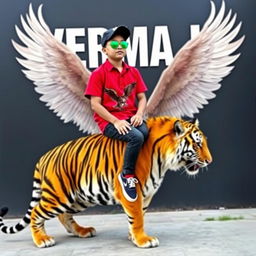 A 3D illusion profile picture for WhatsApp featuring a boy in a red shirt with an eagle tattoo sitting casually on a majestic Wingback Tiger
