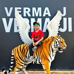 A 3D illusion profile picture for WhatsApp featuring a boy in a red shirt with an eagle tattoo sitting casually on a majestic Wingback Tiger