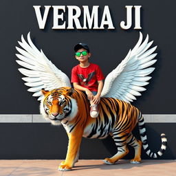 A 3D illusion profile picture for WhatsApp featuring a boy in a red shirt with an eagle tattoo sitting casually on a majestic Wingback Tiger