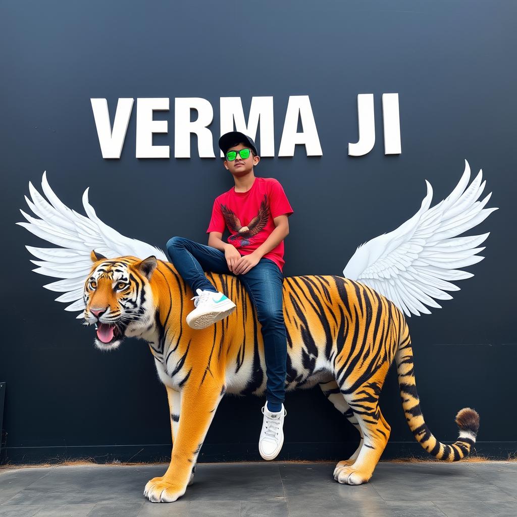 A 3D illusion profile picture for WhatsApp featuring a boy in a red shirt with an eagle tattoo sitting casually on a majestic Wingback Tiger