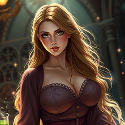 A stunning scene illustrating Harry Potter after consuming Polyjuice Potion, transformed into a breathtaking female character, embodying every man's dream