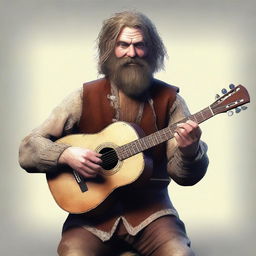 This is an ultra-realistic digital art image of a scruffy-looking bard