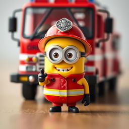 A charming scene featuring a Minion dressed in a bright red firefighter outfit, complete with a helmet, standing in front of a small, fully visible fire truck