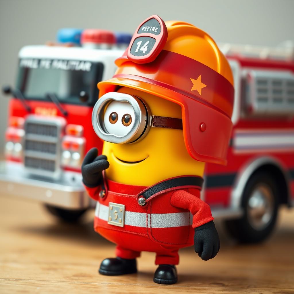 A charming scene featuring a Minion dressed in a bright red firefighter outfit, complete with a helmet, standing in front of a small, fully visible fire truck