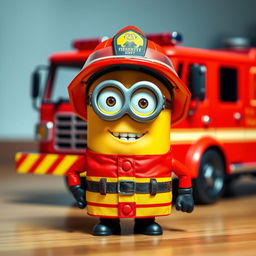 A charming scene featuring a Minion dressed in a bright red firefighter outfit, complete with a helmet, standing in front of a small, fully visible fire truck
