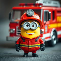 A charming scene featuring a Minion dressed in a bright red firefighter outfit, complete with a helmet, standing in front of a small, fully visible fire truck