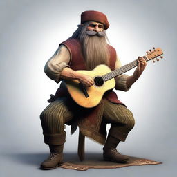 This is an ultra-realistic digital art image of a scruffy-looking bard