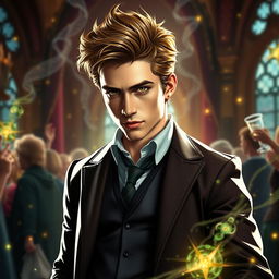 A striking scene showcasing Hermione Granger transformed after drinking Polyjuice Potion into an incredibly attractive male version, embodying every girl's dream