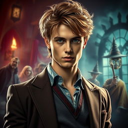 A striking scene showcasing Hermione Granger transformed after drinking Polyjuice Potion into an incredibly attractive male version, embodying every girl's dream