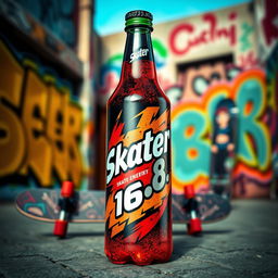 An eye-catching image of an energy drink bottle, prominently displaying a logo that creatively includes the name 'Skater 1