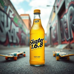 An eye-catching image of an energy drink bottle, prominently displaying a logo that creatively includes the name 'Skater 1