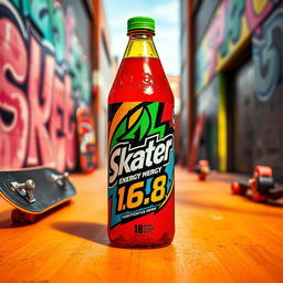 An eye-catching image of an energy drink bottle, prominently displaying a logo that creatively includes the name 'Skater 1