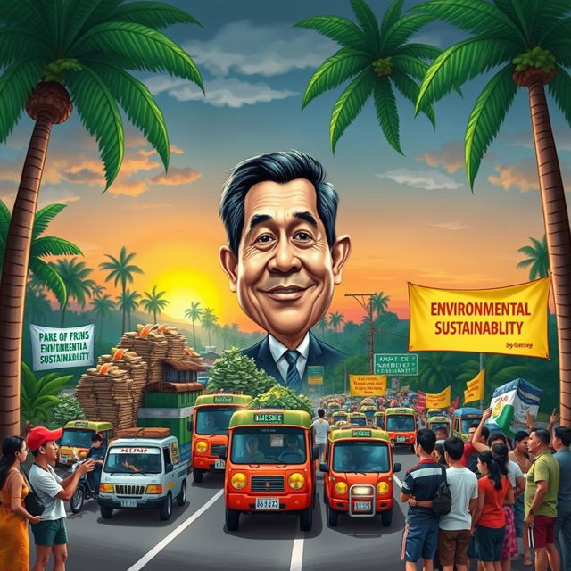 A humorous caricature depicting various social and political issues in the Philippines, such as poverty, traffic congestion, and environmental concerns