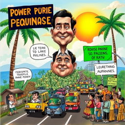A humorous caricature depicting various social and political issues in the Philippines, such as poverty, traffic congestion, and environmental concerns