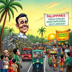A humorous caricature depicting various social and political issues in the Philippines, such as poverty, traffic congestion, and environmental concerns