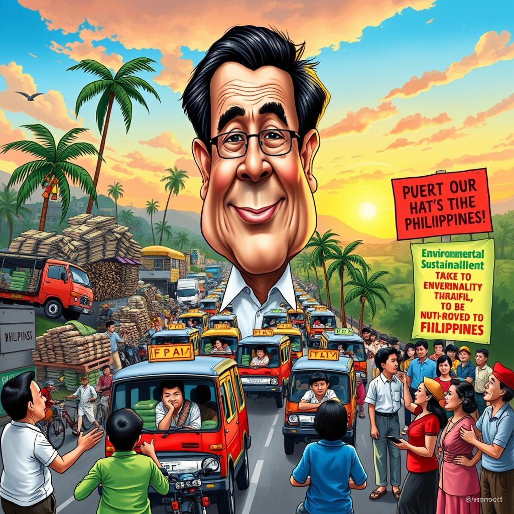 A humorous caricature depicting various social and political issues in the Philippines, such as poverty, traffic congestion, and environmental concerns