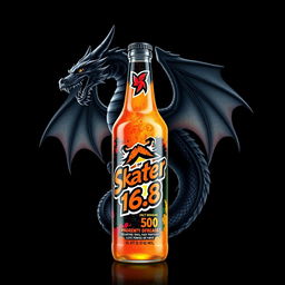 An energetic depiction of an energy drink bottle featuring a logo with the name 'Skater 1