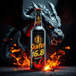 An energetic and visually captivating energy drink bottle featuring a prominent logo with the name 'Skater 1