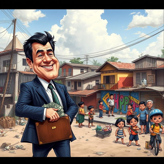 A detailed caricature illustrating the social issues in the Philippines, featuring a busy urban scene with contrasting wealth and poverty