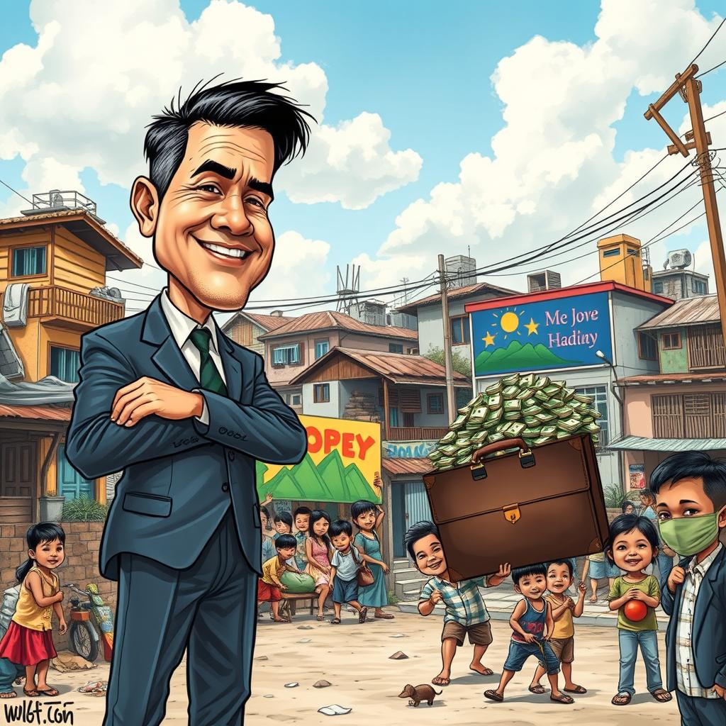 A detailed caricature illustrating the social issues in the Philippines, featuring a busy urban scene with contrasting wealth and poverty
