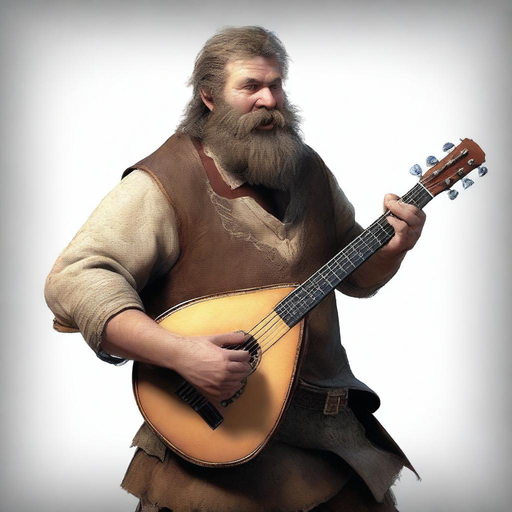 An ultra-realistic digital art image, featuring a scruffy-looking, one-legged, mute bard with a thick beard