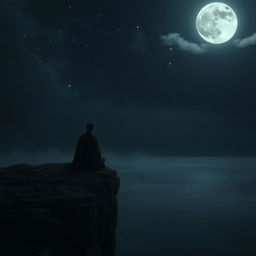 A somber and contemplative scene depicting a figure sitting on a cliff edge, gazing at the full moon illuminating a dark night sky filled with scattered stars