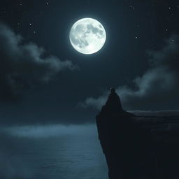 A somber and contemplative scene depicting a figure sitting on a cliff edge, gazing at the full moon illuminating a dark night sky filled with scattered stars