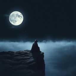 A somber and contemplative scene depicting a figure sitting on a cliff edge, gazing at the full moon illuminating a dark night sky filled with scattered stars