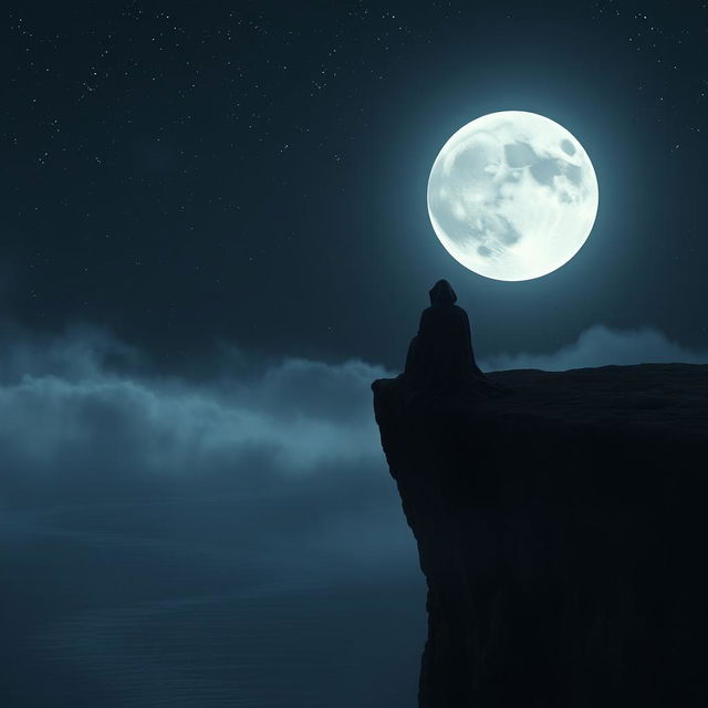 A somber and contemplative scene depicting a figure sitting on a cliff edge, gazing at the full moon illuminating a dark night sky filled with scattered stars