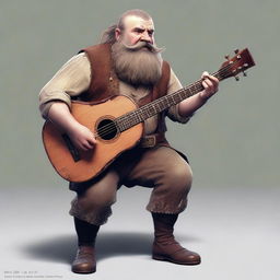 An ultra-realistic digital art image, featuring a scruffy-looking, one-legged, mute bard with a thick beard