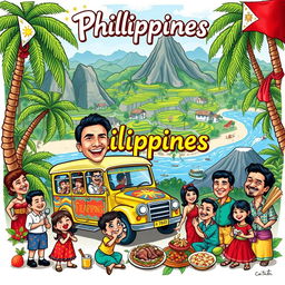 A vibrant and humorous caricature celebrating the Philippines, featuring iconic symbols such as a colorful Jeepney, a lush tropical landscape with palm trees and beaches, locals wearing traditional Barong Tagalog and beautiful Terno dresses, and famous landmarks like the Banaue Rice Terraces and Mayon Volcano