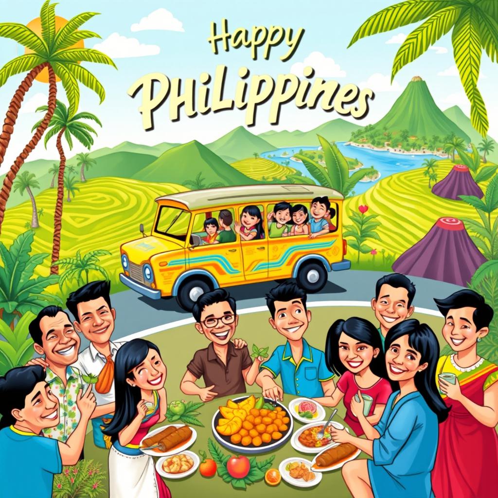 A vibrant and humorous caricature celebrating the Philippines, featuring iconic symbols such as a colorful Jeepney, a lush tropical landscape with palm trees and beaches, locals wearing traditional Barong Tagalog and beautiful Terno dresses, and famous landmarks like the Banaue Rice Terraces and Mayon Volcano