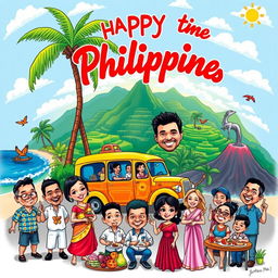 A vibrant and humorous caricature celebrating the Philippines, featuring iconic symbols such as a colorful Jeepney, a lush tropical landscape with palm trees and beaches, locals wearing traditional Barong Tagalog and beautiful Terno dresses, and famous landmarks like the Banaue Rice Terraces and Mayon Volcano