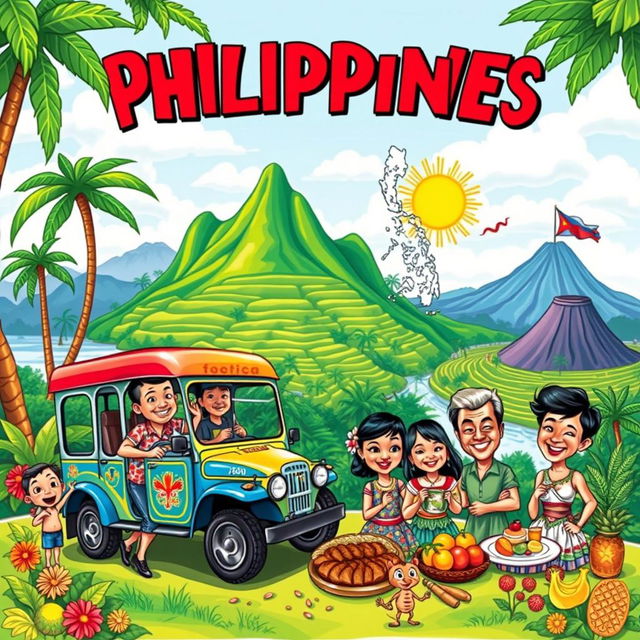 A vibrant and humorous caricature celebrating the Philippines, featuring iconic symbols such as a colorful Jeepney, a lush tropical landscape with palm trees and beaches, locals wearing traditional Barong Tagalog and beautiful Terno dresses, and famous landmarks like the Banaue Rice Terraces and Mayon Volcano