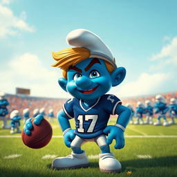 A cartoonish portrayal of a muscular blue Smurf with the features of a quarterback, similar to Josh Allen, wearing a blue and white football jersey with the number '17'