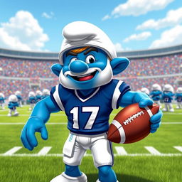 A cartoonish portrayal of a muscular blue Smurf with the features of a quarterback, similar to Josh Allen, wearing a blue and white football jersey with the number '17'