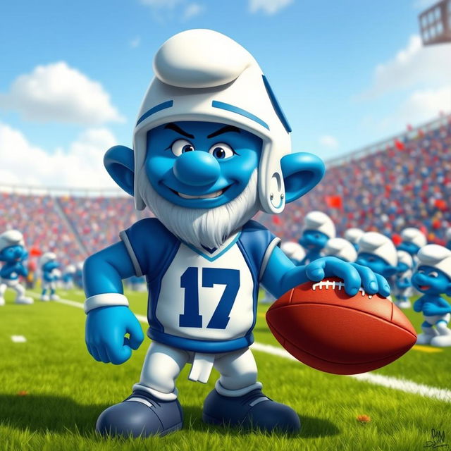 A cartoonish portrayal of a muscular blue Smurf with the features of a quarterback, similar to Josh Allen, wearing a blue and white football jersey with the number '17'