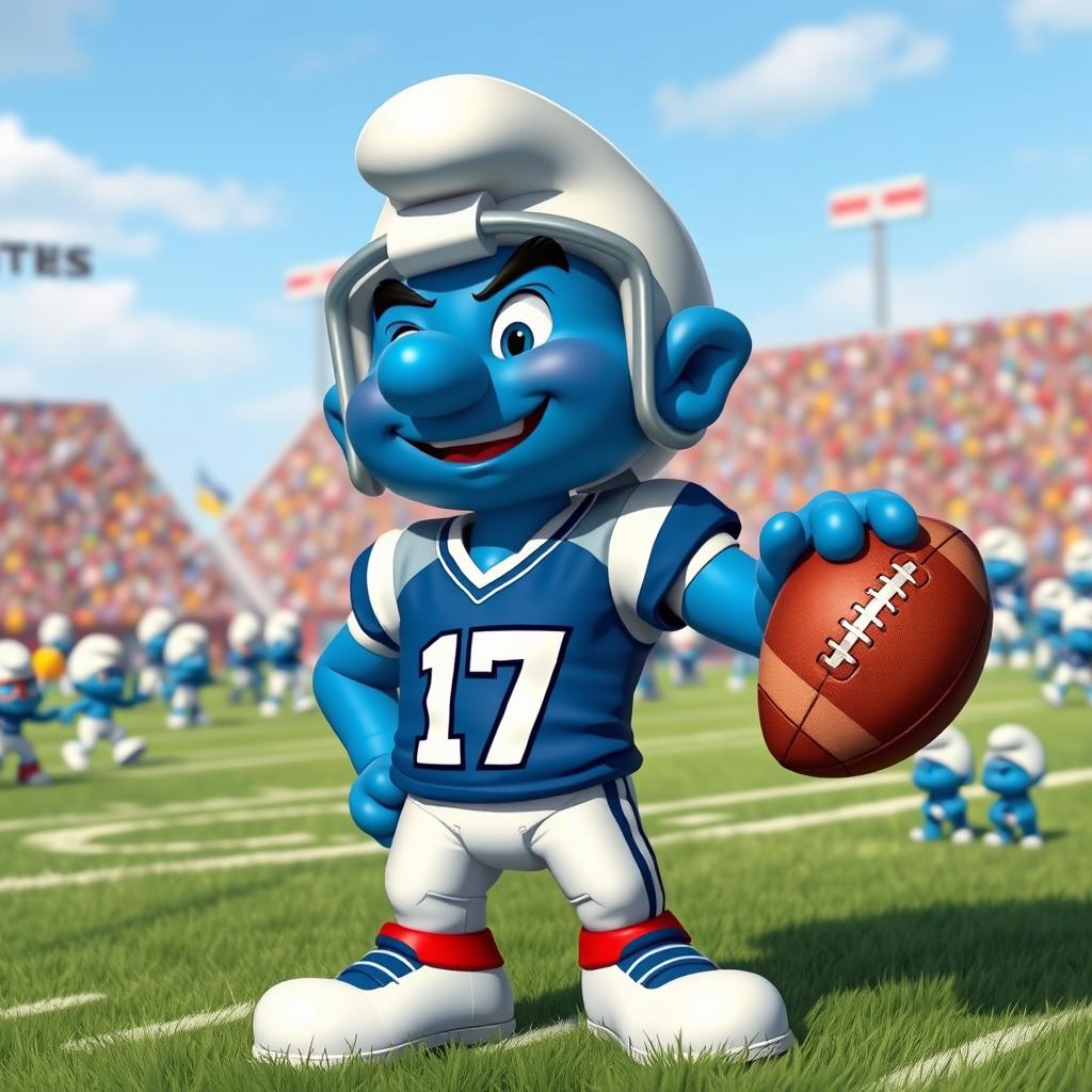 A cartoonish portrayal of a muscular blue Smurf with the features of a quarterback, similar to Josh Allen, wearing a blue and white football jersey with the number '17'