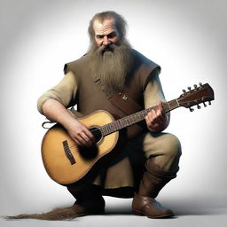 An ultra-realistic digital art image, featuring a scruffy-looking, one-legged, mute bard with a thick beard