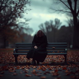 A solitary figure sitting on a park bench under a cloudy sky, surrounded by autumn leaves falling around, conveying a sense of deep melancholy and loneliness