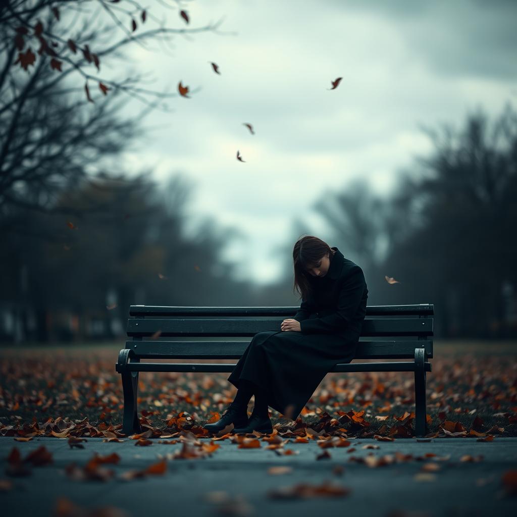 A solitary figure sitting on a park bench under a cloudy sky, surrounded by autumn leaves falling around, conveying a sense of deep melancholy and loneliness