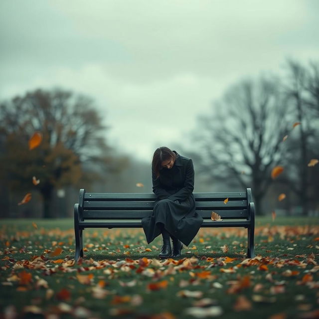 A solitary figure sitting on a park bench under a cloudy sky, surrounded by autumn leaves falling around, conveying a sense of deep melancholy and loneliness