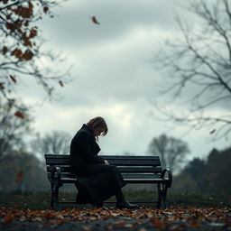 A solitary figure sitting on a park bench under a cloudy sky, surrounded by autumn leaves falling around, conveying a sense of deep melancholy and loneliness