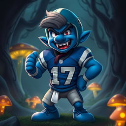 A fictional character design featuring an evil smurf inspired by a football player, resembling Josh Allen