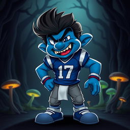 A fictional character design featuring an evil smurf inspired by a football player, resembling Josh Allen