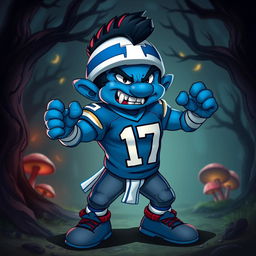 A fictional character design featuring an evil smurf inspired by a football player, resembling Josh Allen