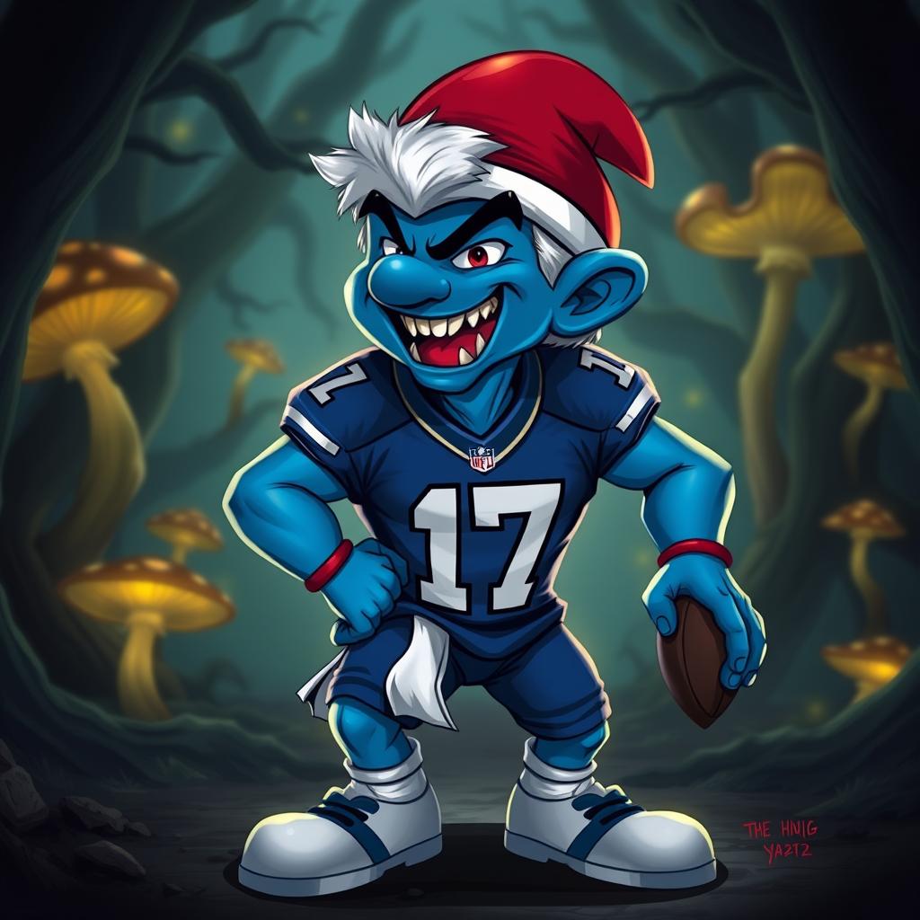 A fictional character design featuring an evil smurf inspired by a football player, resembling Josh Allen