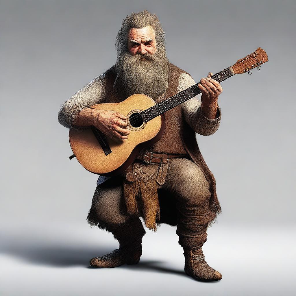 An ultra-realistic digital art image, featuring a scruffy-looking, one-legged, mute bard with a thick beard