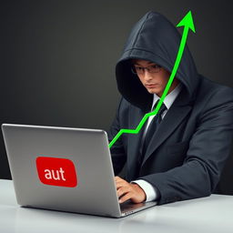 A hooded figure intently working on a laptop featuring a prominent YouTube logo, juxtaposed with an anime-style businessman whose head is artistically superimposed onto a tailored suit